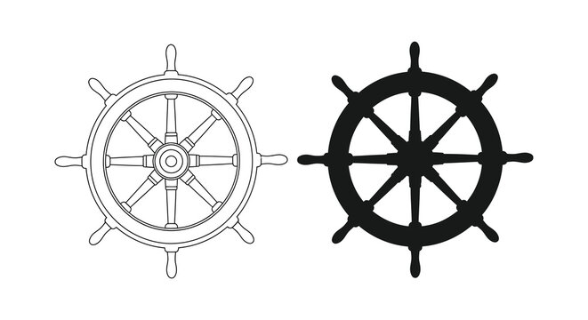 A detailed comparison of a ship s wheel illustration and its stark black silhouette high quality professional modern elegant stylish