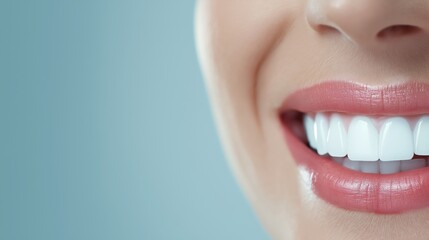 Cosmetic dentistry close up of female lips and white teeth after whitening and veneer procedure. Orthodontic alignment, enamel restoration and dental clinic service concept 