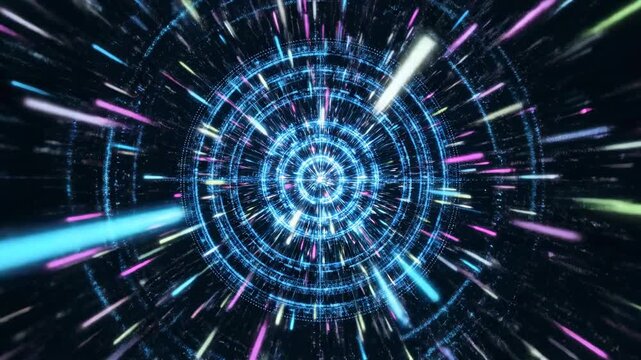 Seamlessly looping motion graphic showing multiple converging glowing data streams rapidly hitting a centralized blue futuristic wireframe bullseye background, businessconcept, animation