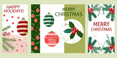 Festive holiday card designs featuring ornaments holly and new year greetings © AnupKumar