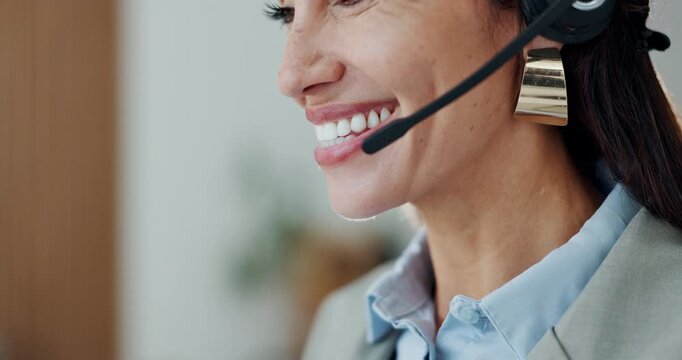 Business, woman and headset at call centre in office for consulting, customer service and advice, Smile, female agent and mic for online query, client support and crm feedback of technical assistance