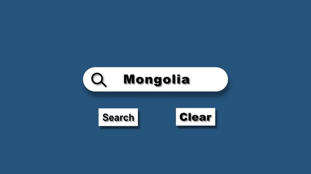 Abstract place search bar concept, Search for mongolia text and search clear buttons looped animation. Search icon with magnifying glass on dark blue screen.