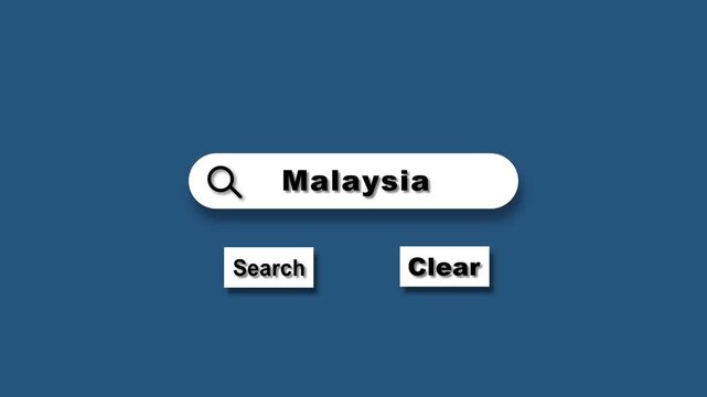 Abstract place search bar concept, Search for malaysia text and search clear buttons looped animation. Search icon with magnifying glass on dark blue screen.