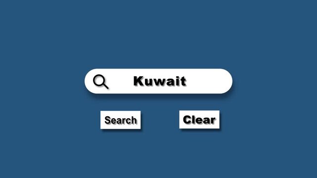 Abstract place search bar concept, Search for kuwait text and search clear buttons looped animation. Search icon with magnifying glass on dark blue screen.