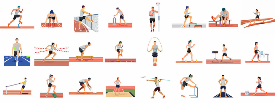 Dynamic illustrations of track and field athletes in action, covering training, competition, and preparation for running, jumping, and throwing events.