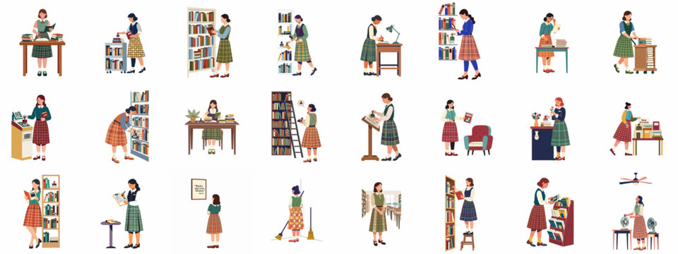 Illustrations depicting diverse tasks and activities of librarians and library staff in a traditional academic setting.