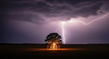 Fototapeta premium Powerful lightning bolt hitting ground under dark storm clouds, energy concept