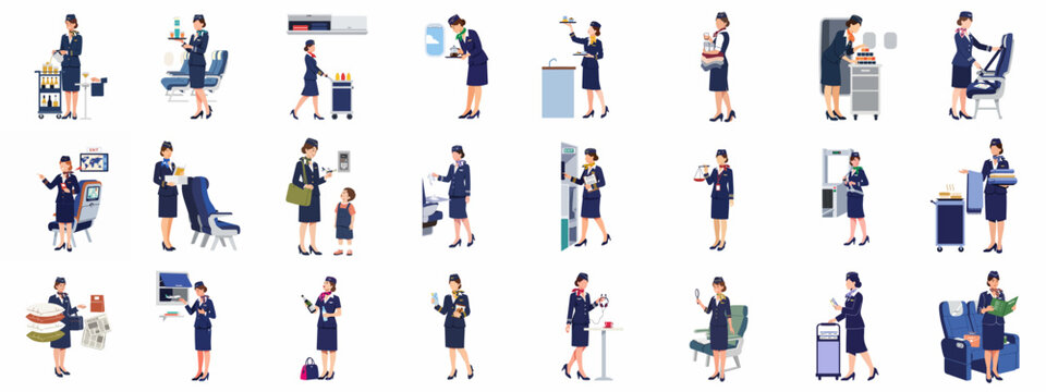A comprehensive set of flight attendants performing various in-flight duties, showcasing professional airline service and passenger care during air travel.