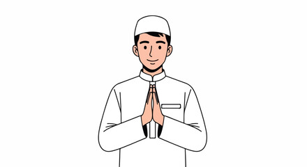 Fototapeta premium Illustration of a smiling man in a white outfit and cap with hands clasped together in a prayer-like gesture against a plain white background.