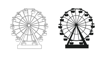 Two ferris wheel depictions are shown one line drawing and one black solid shape silhouette high quality professional detailed © Pvect02
