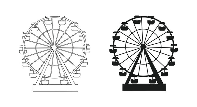 Two ferris wheel depictions are shown one line drawing and one black solid shape silhouette high quality professional detailed