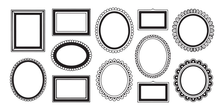 Various styles of detailed circular and rectangular decorative picture frames for wall art