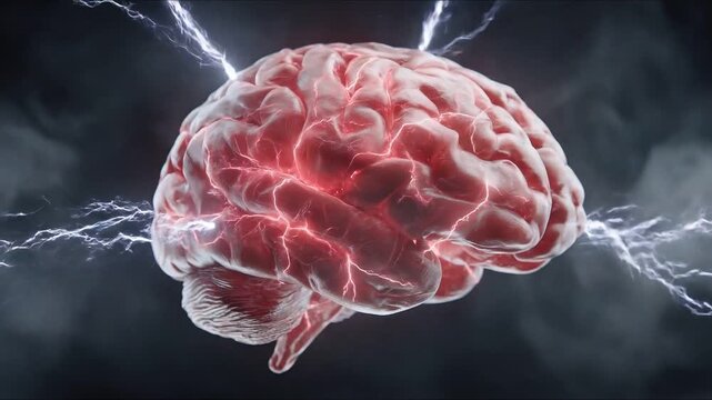 3D visualization of a glowing human brain with electric impulses and lightning motifs, emphasizing neural activity and cognitive processes