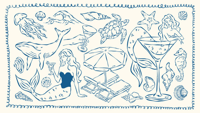 Mermaid and seashell vector illustration set, ink drawing sketch style. Hand drawn ocean art, vintage nautical line art, marine fantasy clipart, sea life vector graphics for print, web, branding.