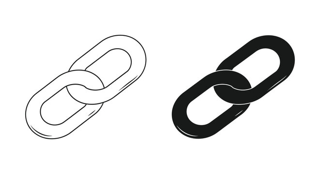 A simple depiction of two interconnected chain links one outlined and one solid black in a minimalist silhouette