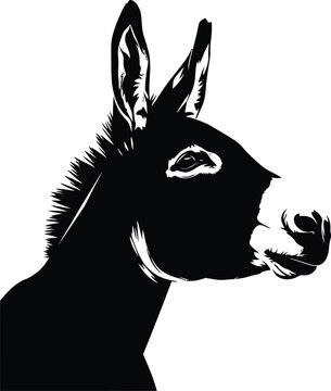 A curious and alert donkey silhouette with its head raised and ears perked forward, listening intently, a clean white background