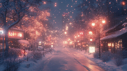 Winter street at night with glowing lanterns and snow covered trees creating magical urban scene filled with warm light and soft falling snowflakes, evoking peaceful festive mood