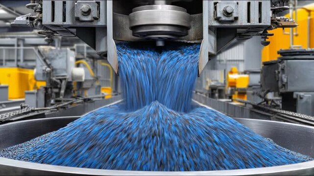 A close-up view of blue granules being processed in a manufacturing facility, showcasing machinery pouring out materials