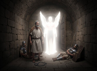 Fototapeta premium Biblical event of an angel releasing Apostle Peter from prison as Roman guards sleep, showing divine deliverance
