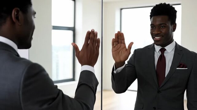 Successful african american businessman giving high five to reflection