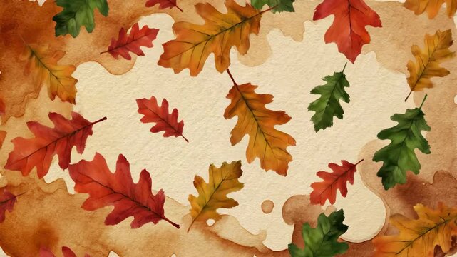 Seamlessly looping motion graphics animation featuring stylized watercolor oak leaves gently falling and drifting down against a soft beige and umber painted background watercolor, looping, organic