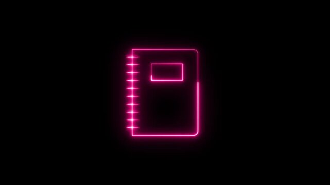 Neon pink notebook icon line art animation on a black background, dynamically drawing and glowing. Education. Study. Writing. Creativity. Planning. Learning.