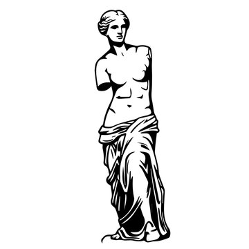 Venus de Milo Statue. Classical ancient Greek female figure missing arms isolated. Historic Roman goddess of love and beauty vector line art illustration for antique sculpture and museum art design