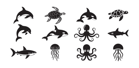 ocean wildlife illustration with dolphin orca turtle shark octopus jellyfish silhouettes © FARJANAAKTER
