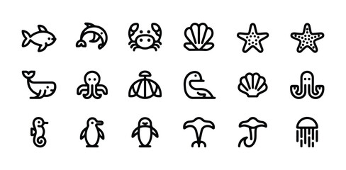 Fototapeta premium sea creature icons line art style with fish dolphin crab shell starfish penguin