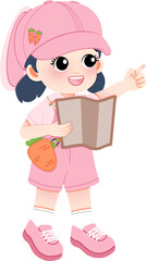 A young girl in pink outfit holding a map and pointing
