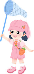 A young girl in pink overalls and cap holding a butterfly net and carrot, standing in a playful pose with a cheerful expression