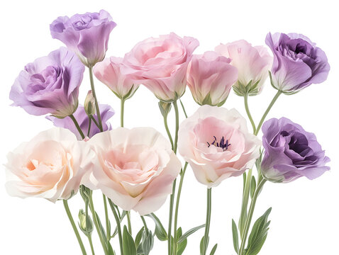 Elegant lisianthus flowers in soft pink and purple tone on white background
