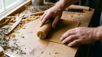 Bird's Eye View of Hands Rolling a Natural Beeswax Foundation Sheet into a Taper Candle with Visible Spiral Geometry