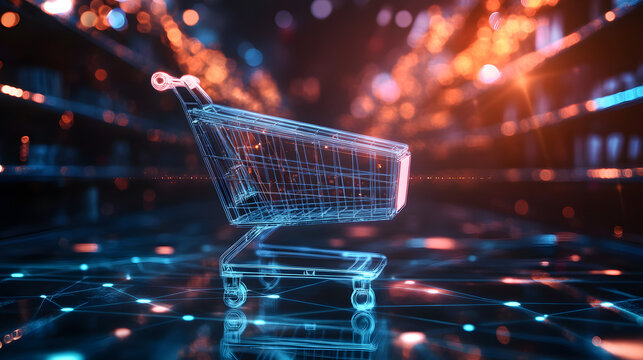 Futuristic shopping cart represents digital commerce