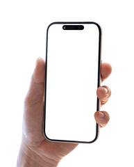 Close up hand holding smartphone mockup with blank screen isolated on transparent background.