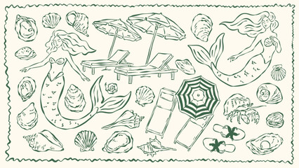Mermaid and seashell vector illustration set, ink drawing sketch style. Hand drawn ocean art, vintage nautical line art, marine fantasy clipart, sea life vector graphics for print, web, branding. © DesignThatMatters