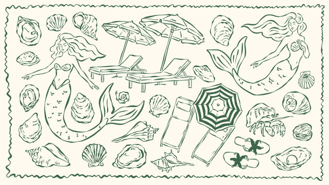 Mermaid and seashell vector illustration set, ink drawing sketch style. Hand drawn ocean art, vintage nautical line art, marine fantasy clipart, sea life vector graphics for print, web, branding.