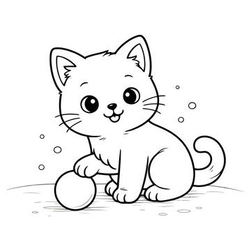 Cute Kitten Playing With Ball Coloring Page Outline Illustration