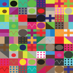Colorful abstract geometric grid pattern featuring a variety of shapes and vibrant colors