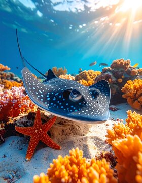 A spotted stingray swims near a starfish on a coral reef
