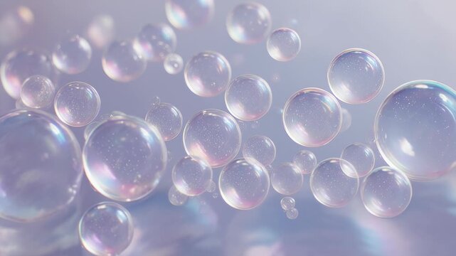 Transparent bubbles floating on a soft, serene surface, viewed from a close-up perspective, capturing their gentle movement and reflective quality in a calming environment