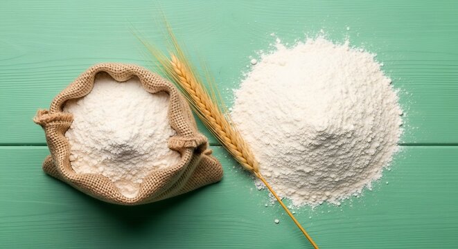 A close-up view of a jute sack containing flour next to a stalk of wheat and flour on a green surface.