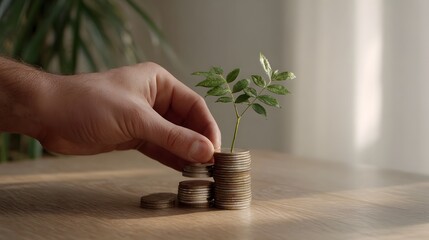 A hand carefully stacks coins nurturing a small plant symbolizing financial growth and investment