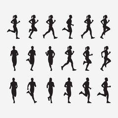 Fototapeta premium Running Jogging Fitness Woman Silhouette Set, Female Athlete Action Pose Vector Clipart, Exercise Workout Illustration Collection, Marathon Runner Design Pack, Sport Movement Line Art Elements, Black 