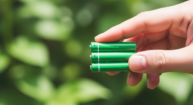 Hand Holding Green Rechargeable AAA Batteries Against a Blurred Nature Background