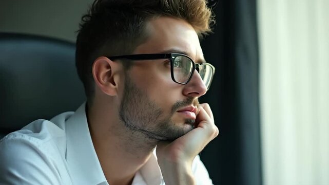 Close side profile up shot handsome he him his macho guy ponder pensive having online currency business chat letters attentive notebook table sit big office chair wear specs formal-wear whi.