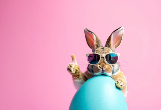 easter bunny with easter eggs. easter bunny pointed to a blank egg for text on pink background