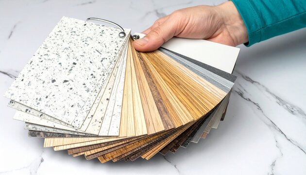 Hand holding fan deck of countertop material samples