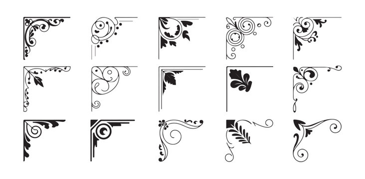 Vintage flourish corner frames and elegant filigree borders for antique invitation stationary