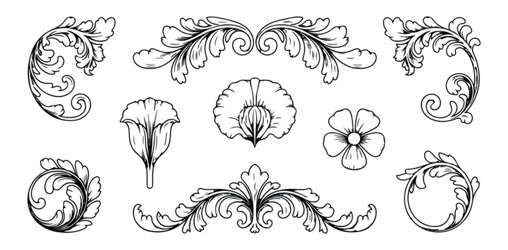 Set of hand drawn baroque rococo elements leaves flowers and ornate decoration